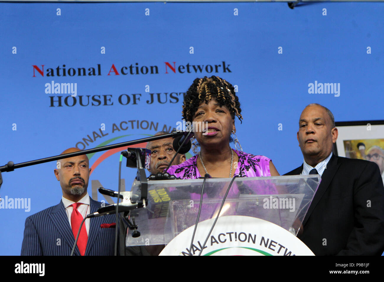 New York, USA. 16th July, 2018.  (L-R) Rev. Kirsten John Foy, Northeast Regional Director, National Action Network, Rev. Al Sharpton, Founder & President, National Action Network, Gwen Carr, Mother of Eric Garner and Attorney Michael Hardy, Co-Founder, National Action Network attend press conference announcing that the NYPD will process with disciplinary action against NYPD Officer Daniel Pantaleo by September in the absence of further action from the DOJ in Eric Garner's case held at the House of Justice in the Harlem section of New York City. Credit: MediaPunch Inc/Alamy Live News Stock Photo