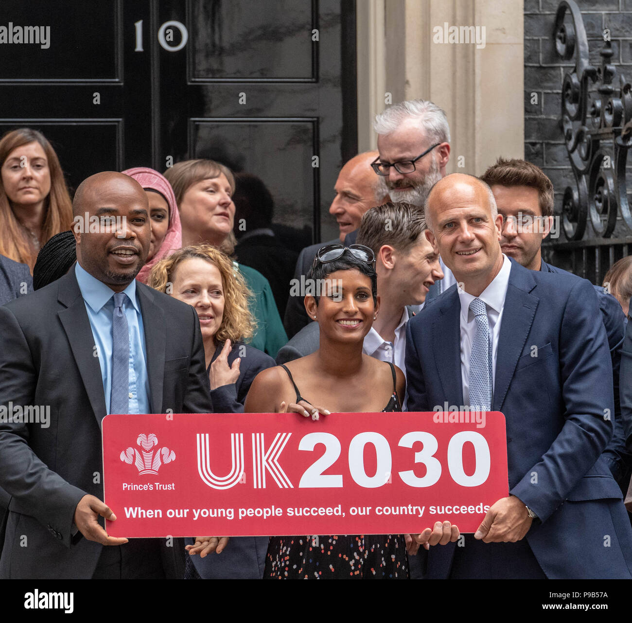 Downing Street,London 17th July 2018 Members of the Princes Trust 2030 Youth Taskforce launch their initiative at 10 Downing Street including Naga Munchetty BBC News presenter Cahir of the taskforce Credit: Ian Davidson/Alamy Live News Stock Photo