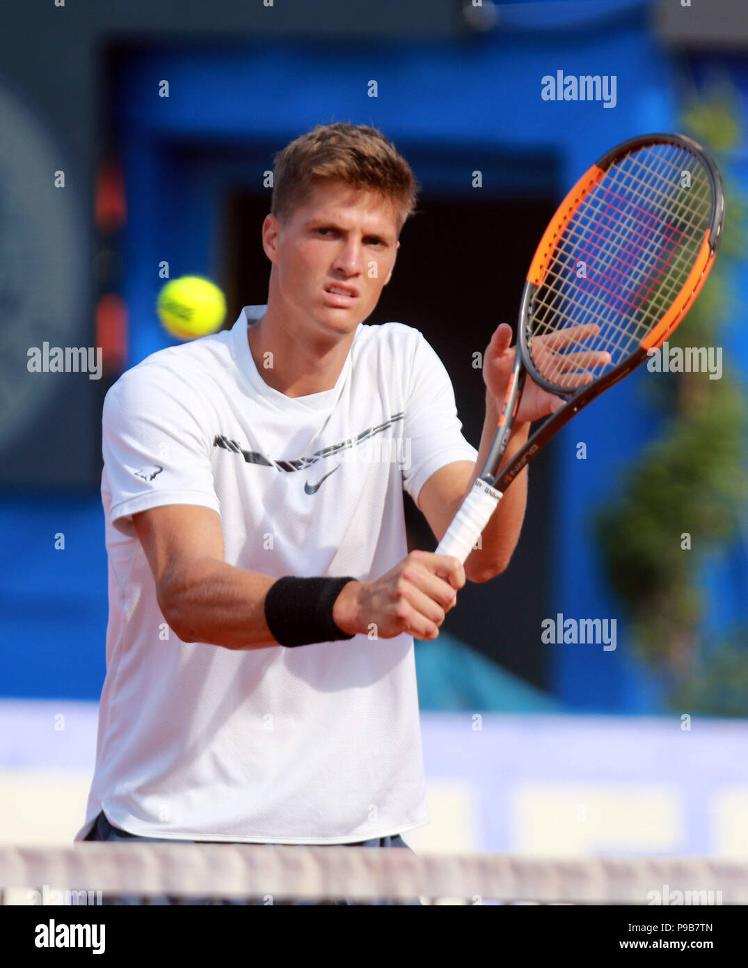 Umag, Croatia. July 17, 2018. CROATIA, Umag: Nino Serdarusic of Croatia  eyes the ball during the singles match Marterer v Serdarusic at the ATP  29th Plava laguna Croatia Open Umag tournament at