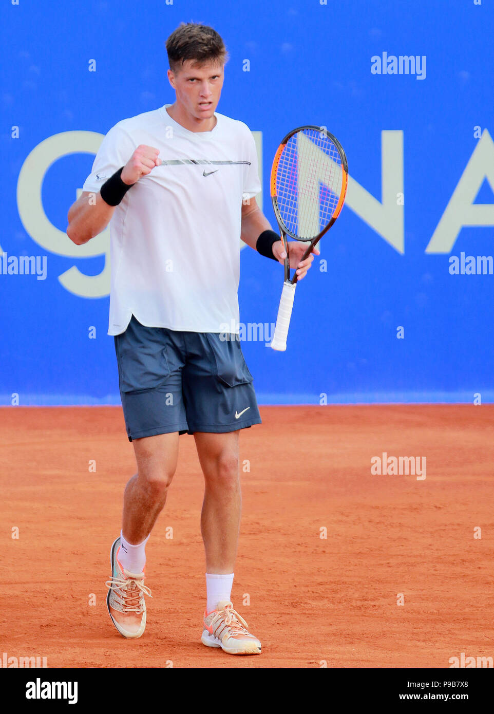 Umag, Croatia. July 17, 2018. CROATIA, Umag: Nino Serdarusic of Croatia  celebrates a point against Maximilian Marterer of Germany during the  singles match Marterer v Serdarusic at the ATP 29th Plava laguna