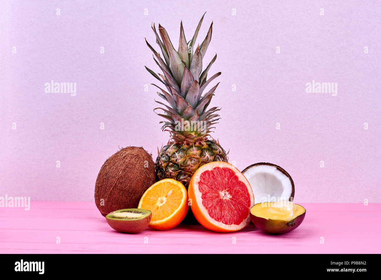 Composition from healthy exotic fruits. Mix of fresh tropical fruits on