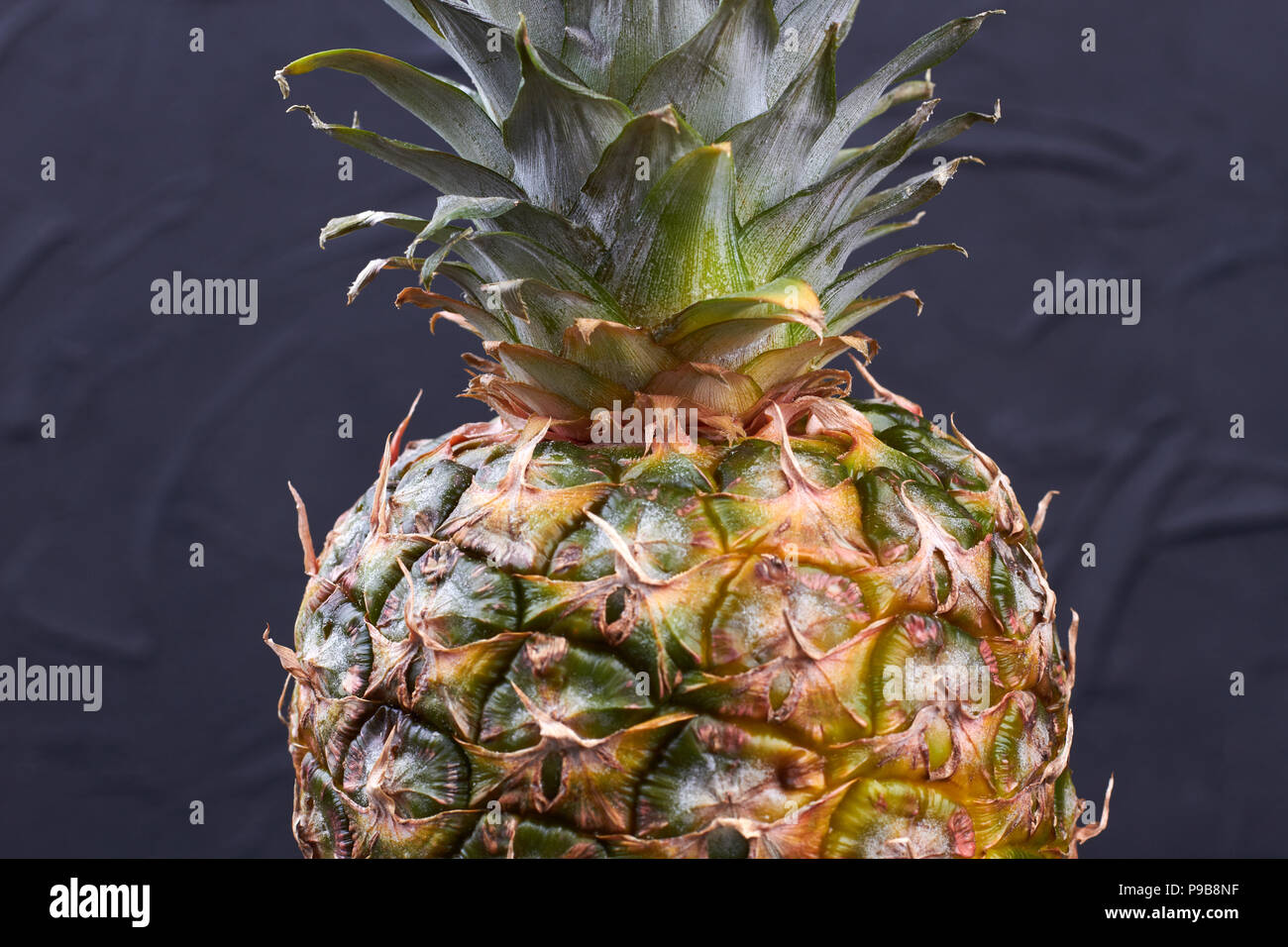 Fresh green pineapple close up. Hawaiian ananas on black background