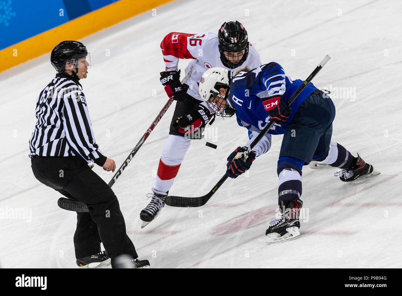 Emily Clark (CAN) and Brianna Decker (USA) face off during the Gold medal Women's Ice Hockey game USA vs Canada at the Olympic Winter Games PyeongChan Stock Photo