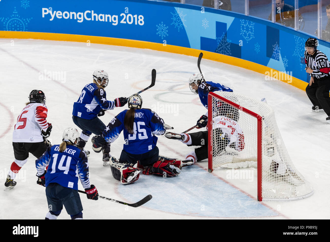 Action during the Gold medal Women's Ice Hockey game USA vs Canada at