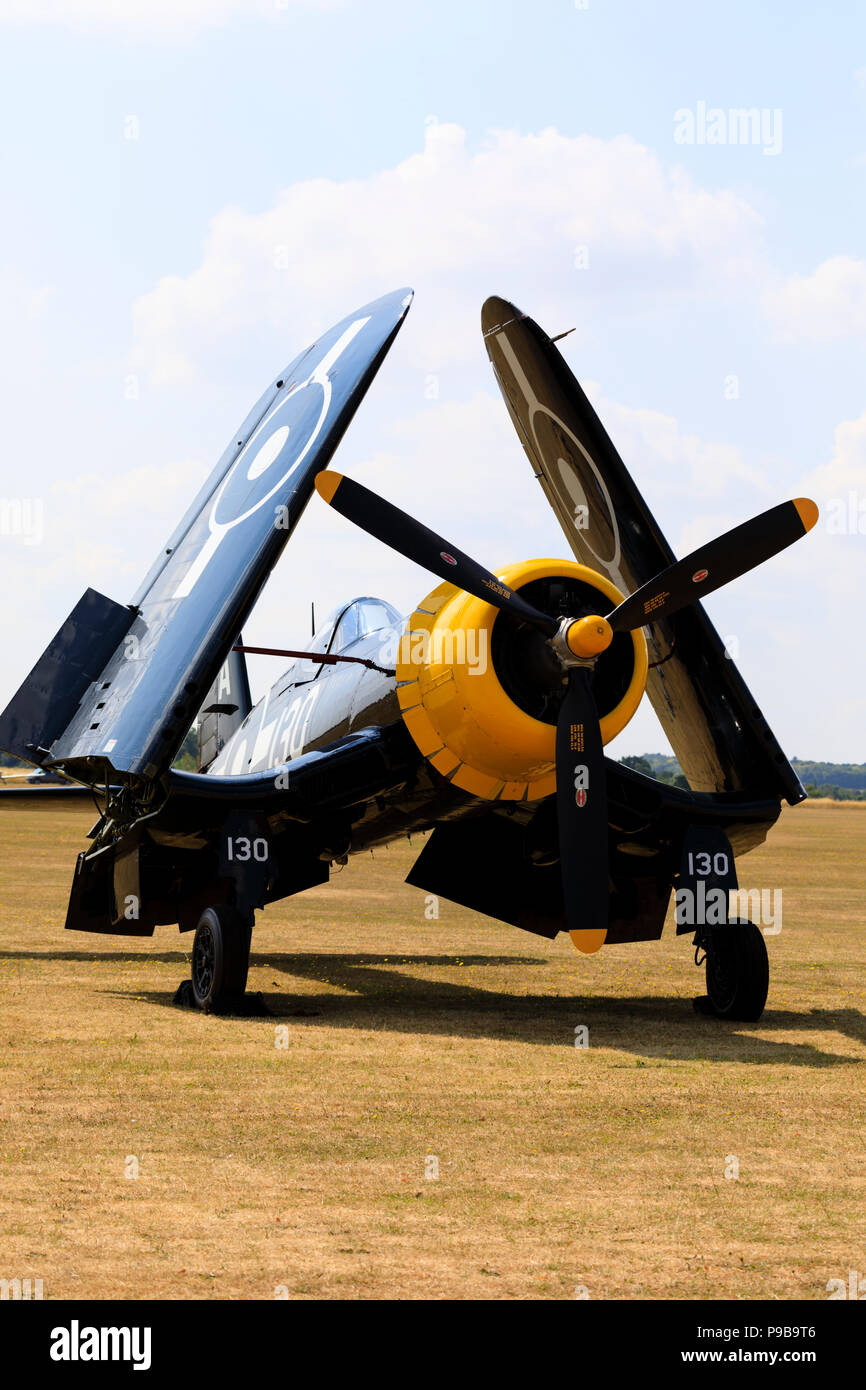 Goodyear Aircraft Corporation built Chance Vought Corsair of the Royal Navy Fleet Air Arm, parked with wings folded. Stock Photo