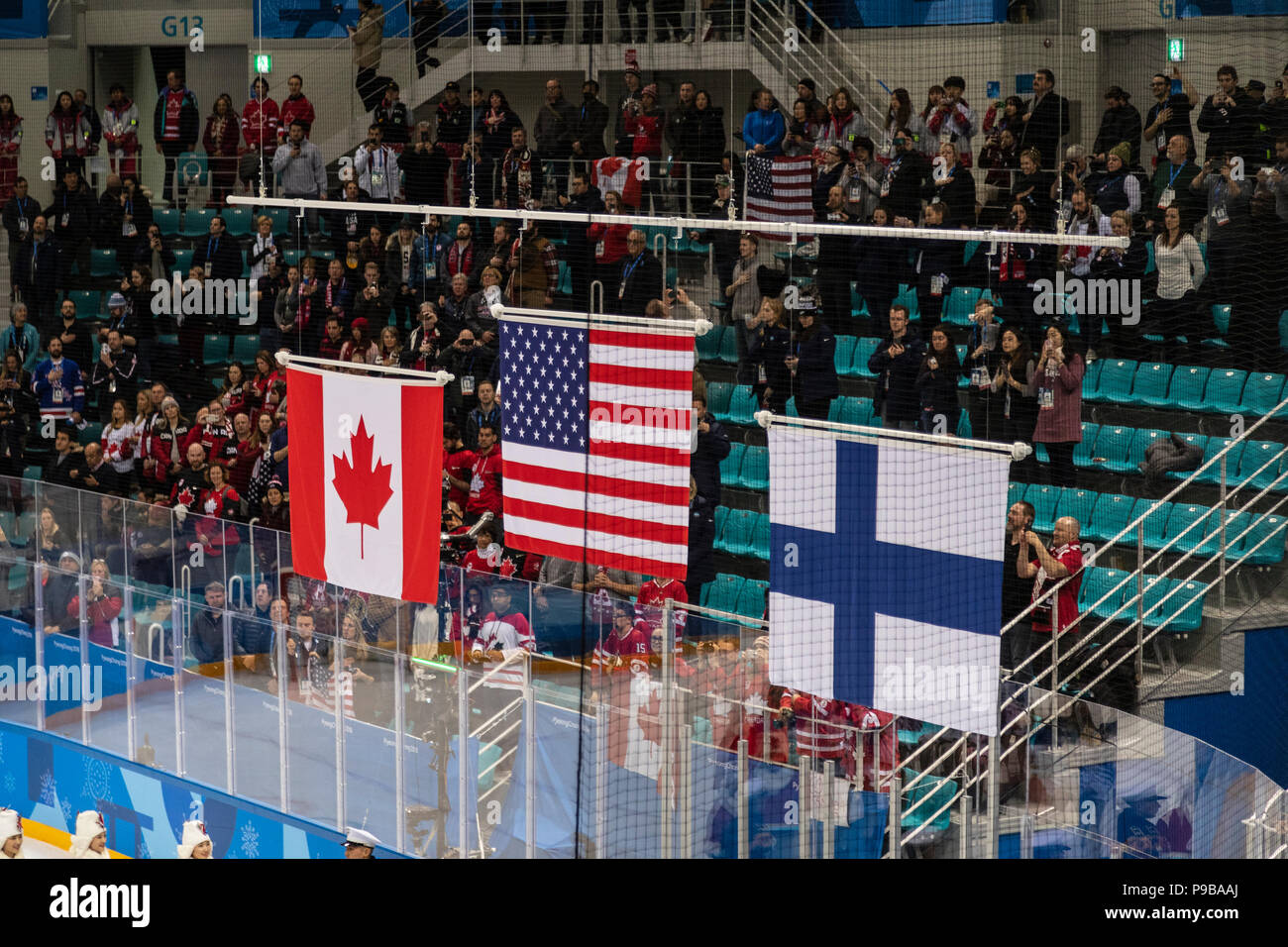 Flags of Team USA wins the Gold medal, Team Canada, silver and Team Finland, bronze in Women's Ice Hockey at the Olympic Winter Games PyeongChang 2018 Stock Photo