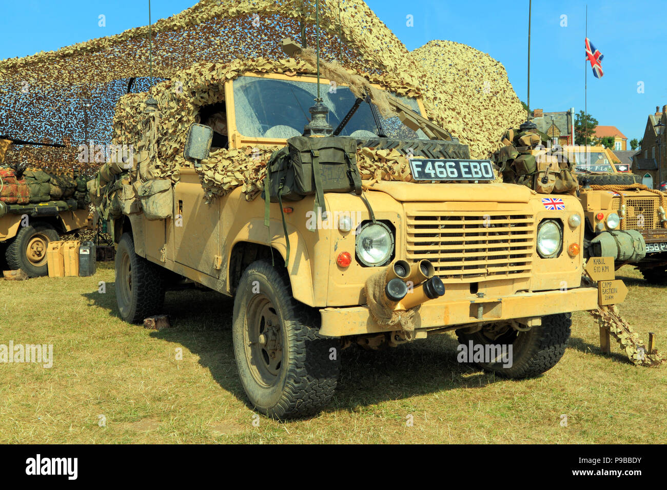 British, 1980s, Military Vehicle, Jeep, vintage, British Army, camouflage netting, tent, as served in Afghanistan War Stock Photo