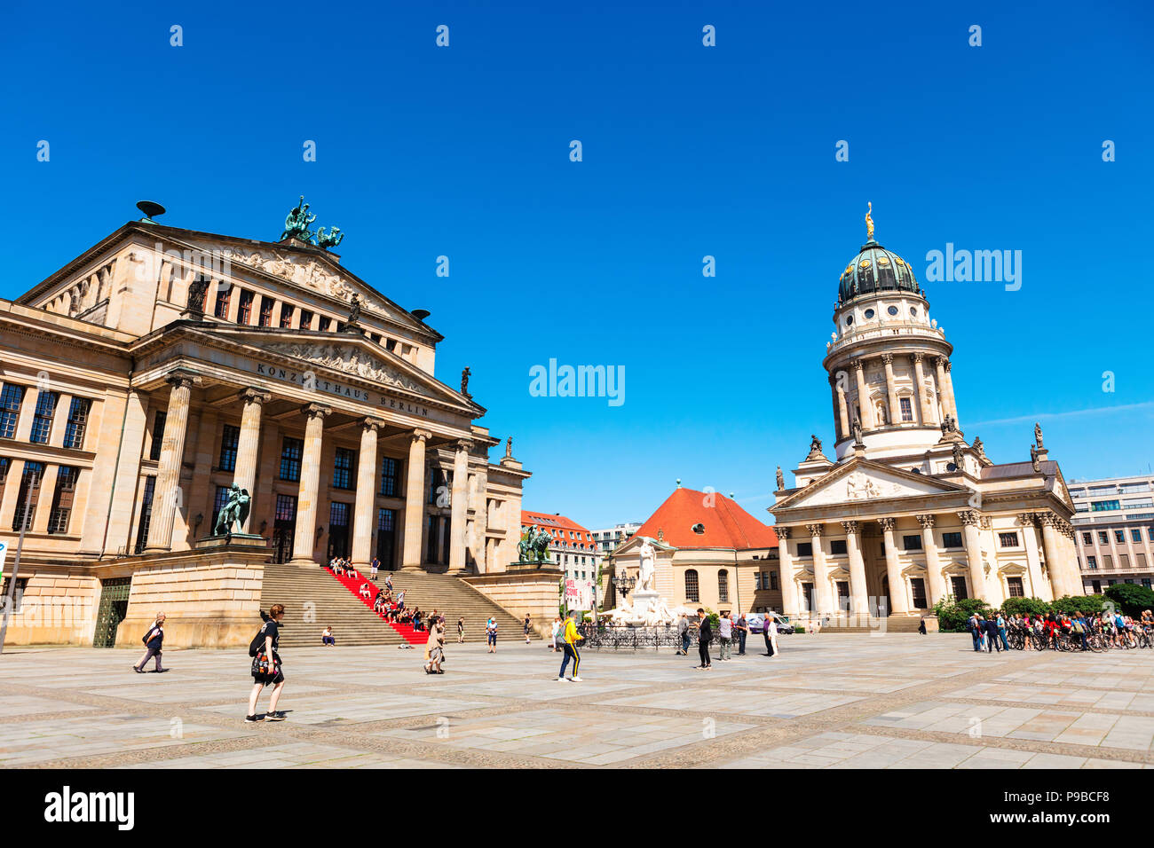 Gendarmenmarkt in the Mitte district with the French Cathedral and Schinkel's Konzerthaus Stock Photo
