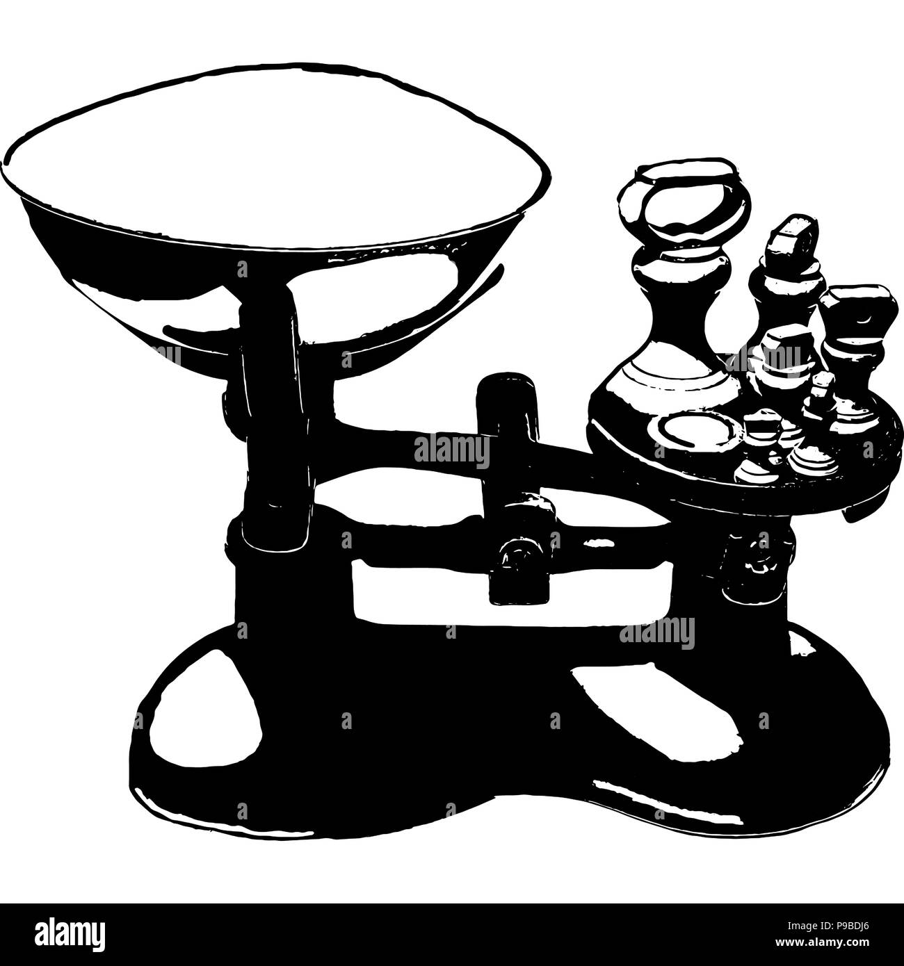 Black and white vector graphic of traditional cast iron cooking scales. Stock Vector
