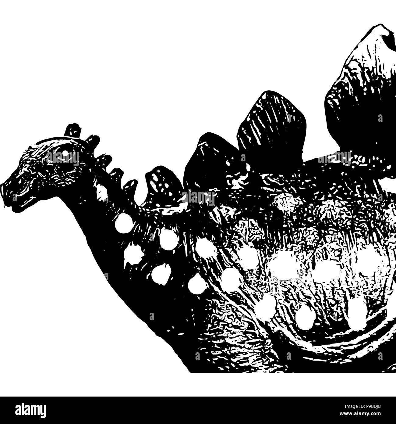 Black and white vector graphic of Stegosaurus side-on with only upper half drawn. Stock Vector