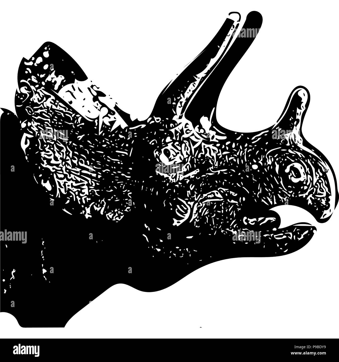 Black and white vector graphic of head of Triceratops side on. Stock Vector