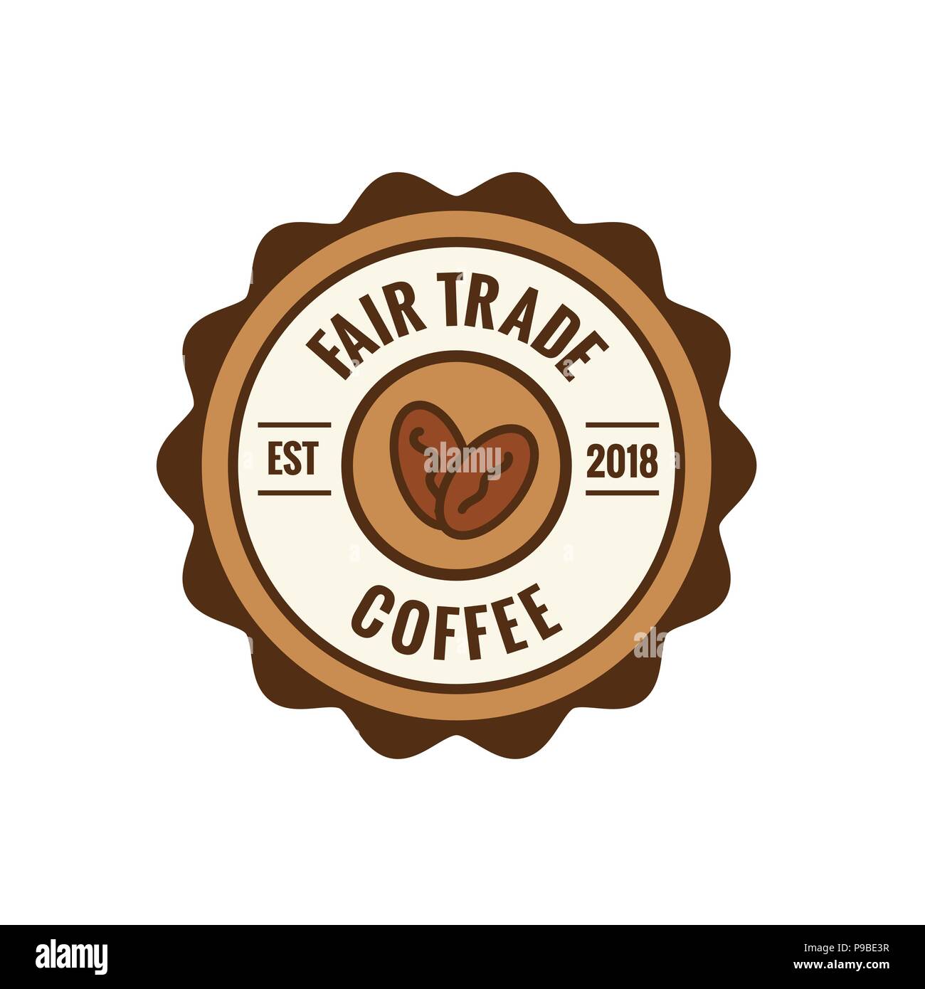 Fair Trade Coffee Emblem w Coffee Beans Seal - Brown and red Stock Vector