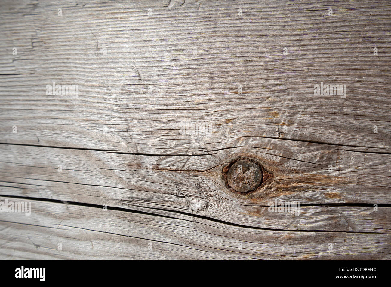 Old wooden planed board surface with knot and big cracks, may be used as background Stock Photo