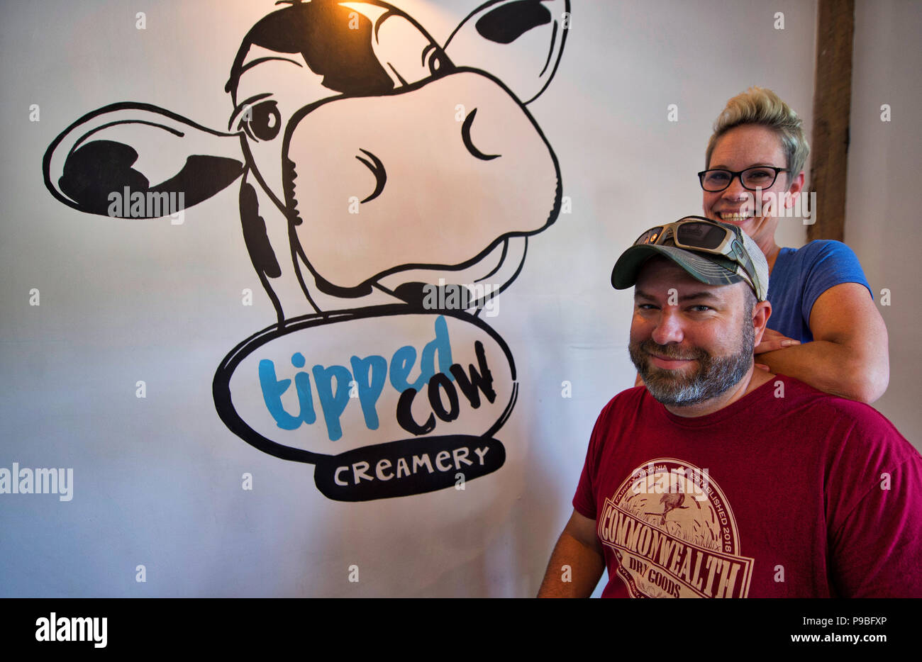 UNITED STATES: July 16, 2018: Monk’s BBQ owners Brian and Kirsten Jenkins opened Tipped Cow Creamery in May above their BBQ restaurant in Purcellville Stock Photo