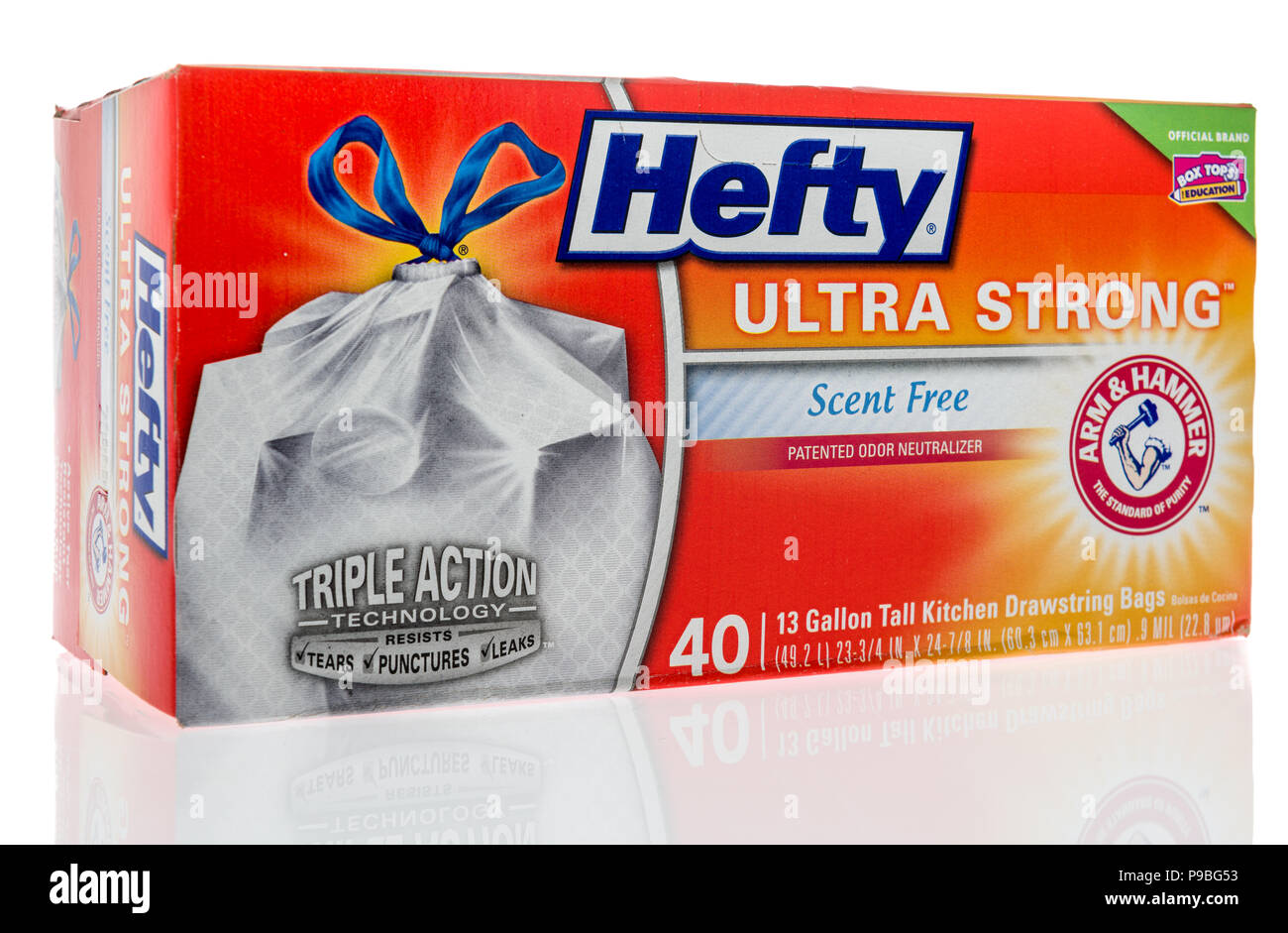 Winneconne, WI - 7 July 2018: A box of Hefty ultra strong trash bags with arm and hammer on an isolated background. Stock Photo