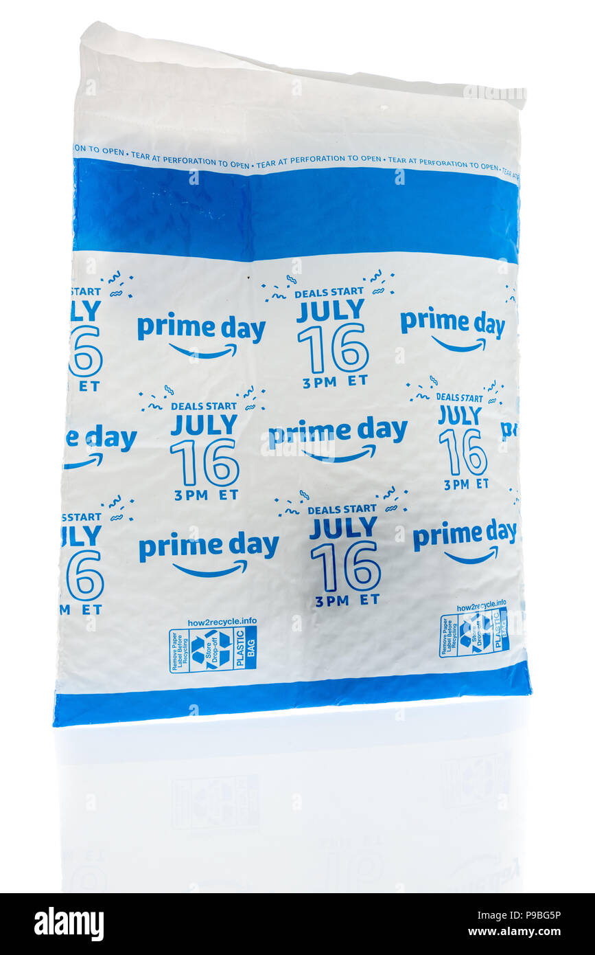 Winneconne, WI - 11 July 2018: A package containing Amazon Prime Day ofr  July 16th starting at 3 PM eastern standard time on an isolated background  Stock Photo - Alamy