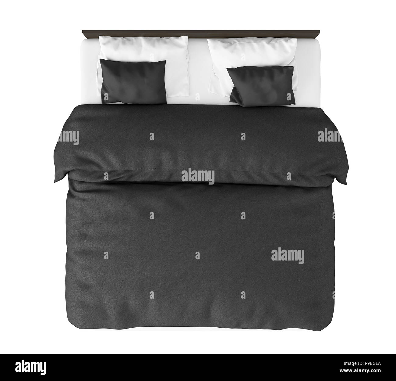 Dark brown double bed with black linen isolated on white background