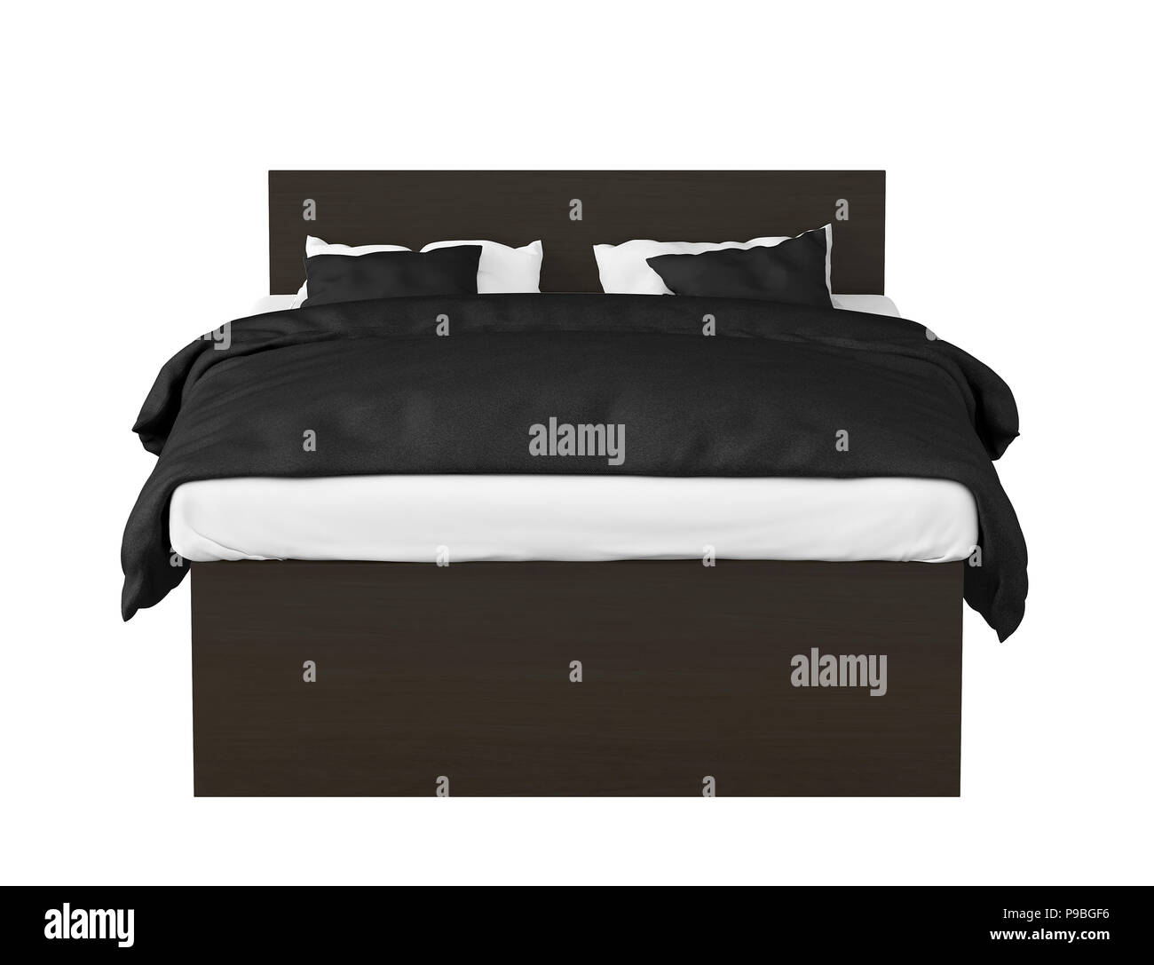 Dark brown double bed with black linen isolated on white background