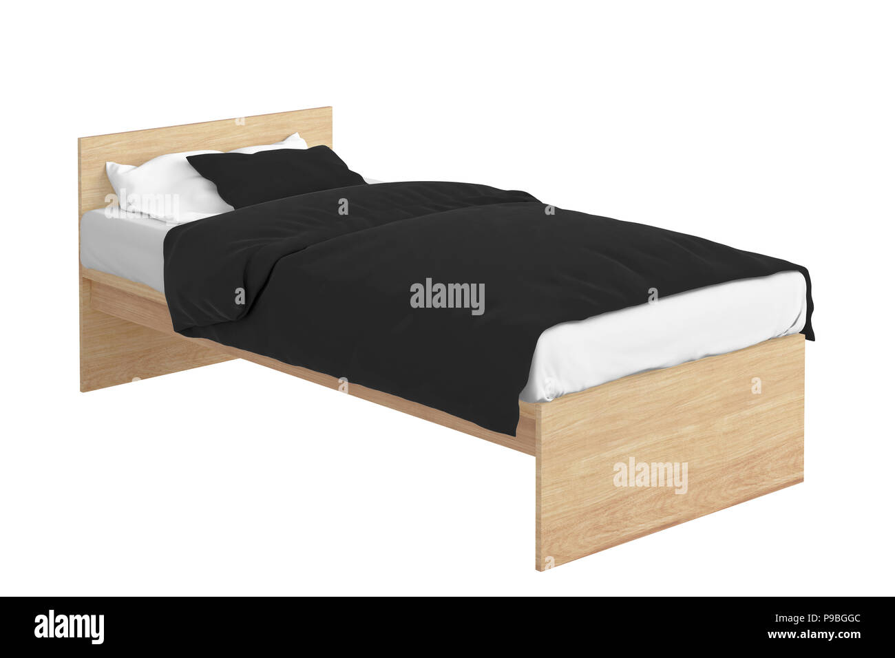 Wooden twin size single bed with black linen isolated on white background.  Include clipping path. 3d render Stock Photo - Alamy