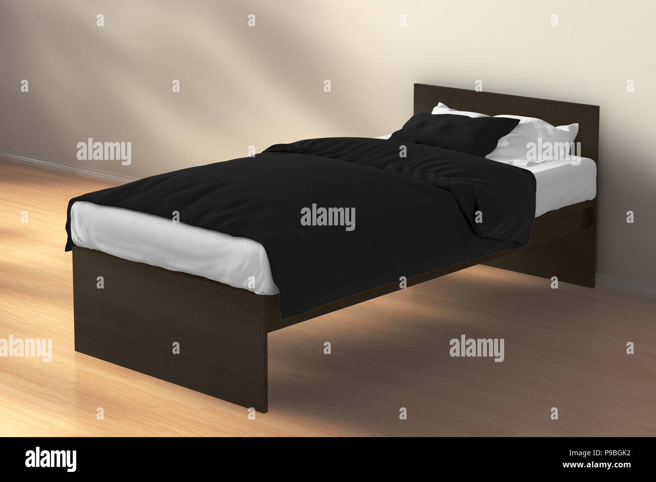 Dark brown twin size single bed with black linen in morning sunlight