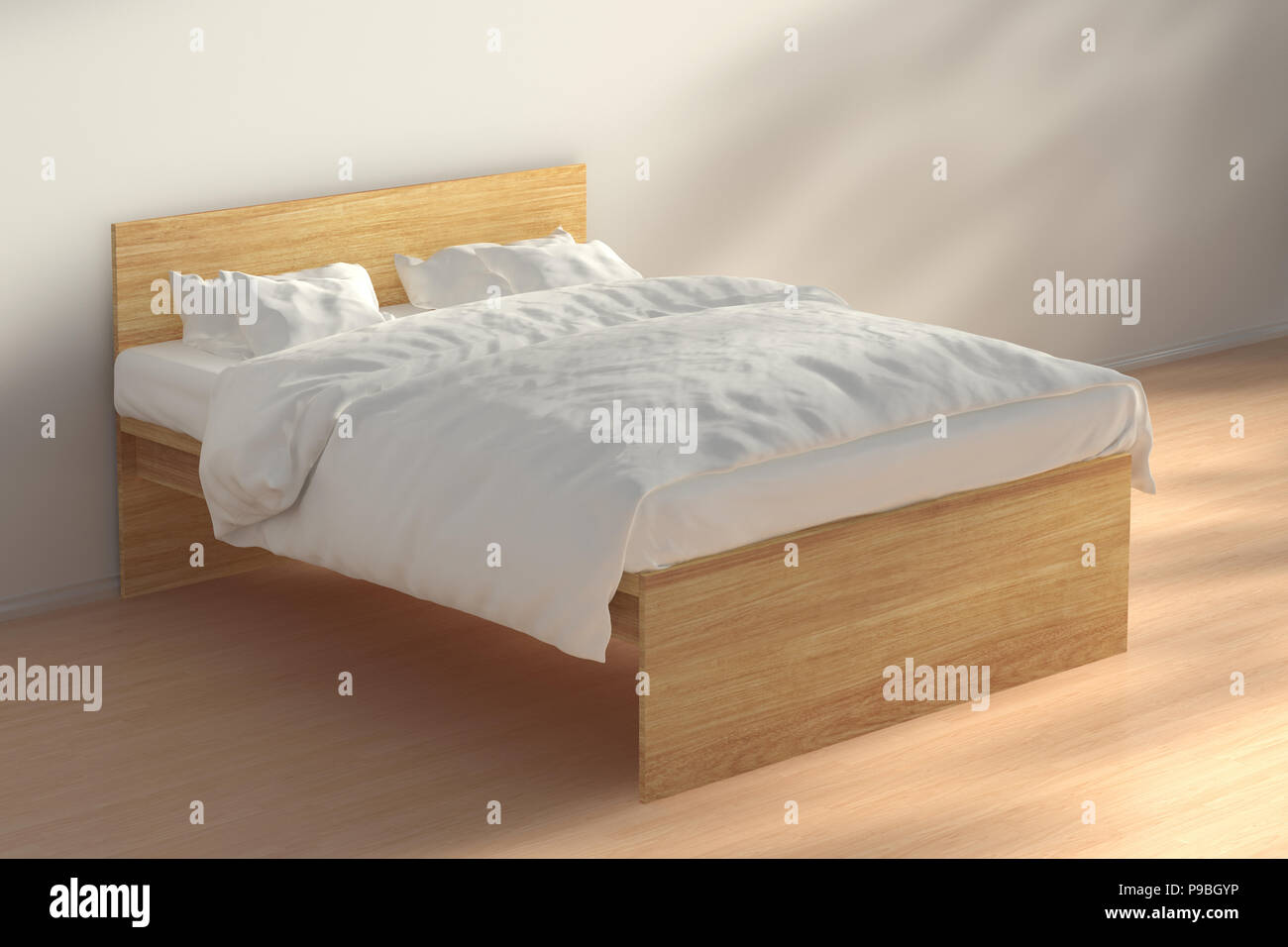 Wooden Queen Size Double Bed With White Linen In Morning