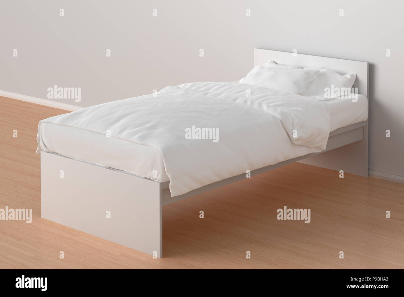 White twin size single bed with white linen in interior. 3d render ...