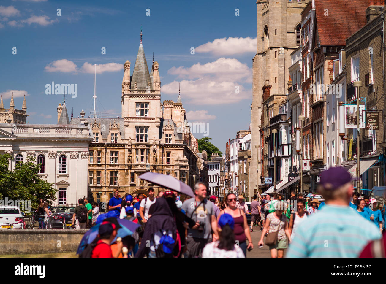 Kings Parade with view towards Gonville and Caius College, University of Cambridge, with tourists walking around, Cambridge, UK Stock Photo