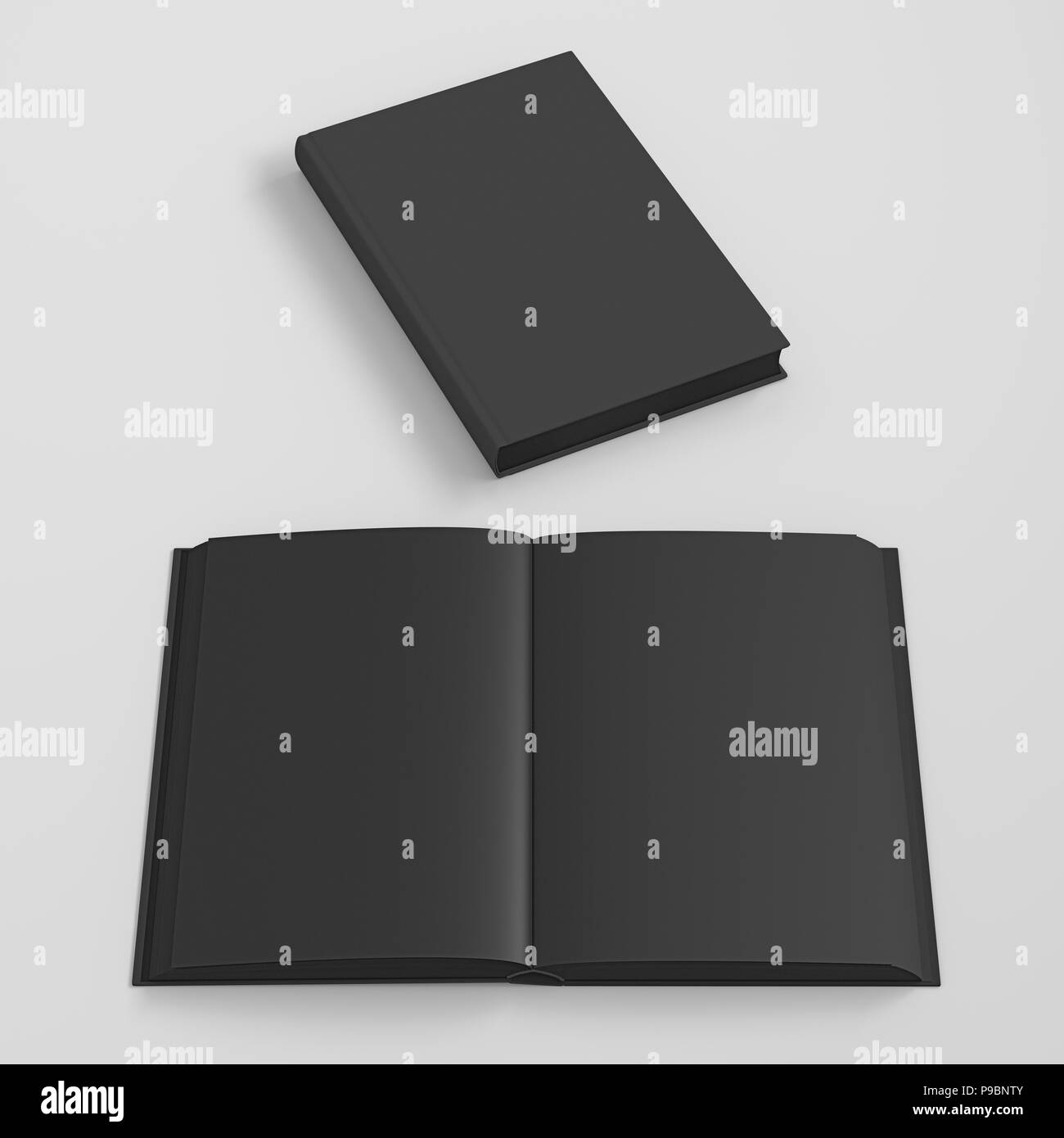 Open and closed books with black cover and blank black pages isolated ...