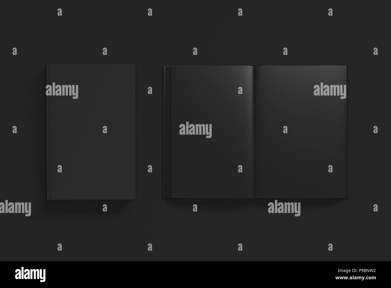 Open and closed books with black cover and blank black pages isolated ...
