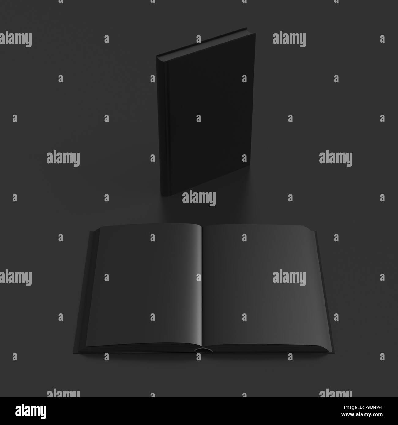 Open and closed books with black cover and blank black pages isolated ...