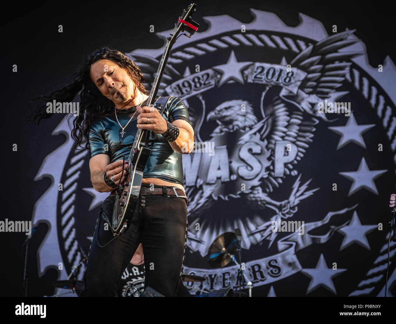 US-metal-rock band W.A.S.P. live on stage at the 2018 Copenhell Metal festival in Copenhagen, Denmark. Here guitarist Doug Blair. Stock Photo