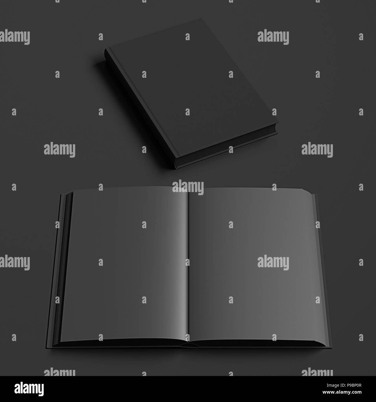 Open and closed books with black cover and blank black pages isolated ...