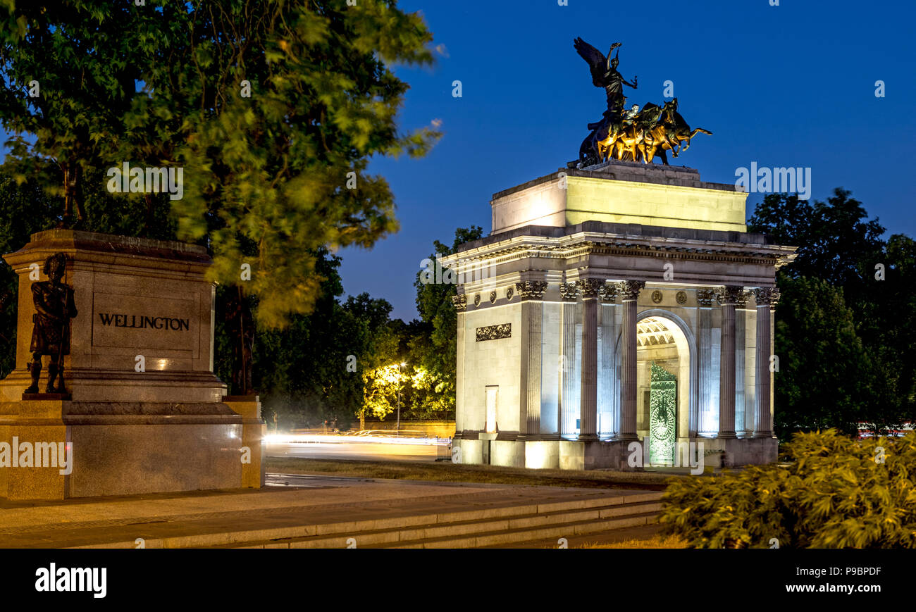 Wellington Arch at Night with Traffic London UK Stock Photo