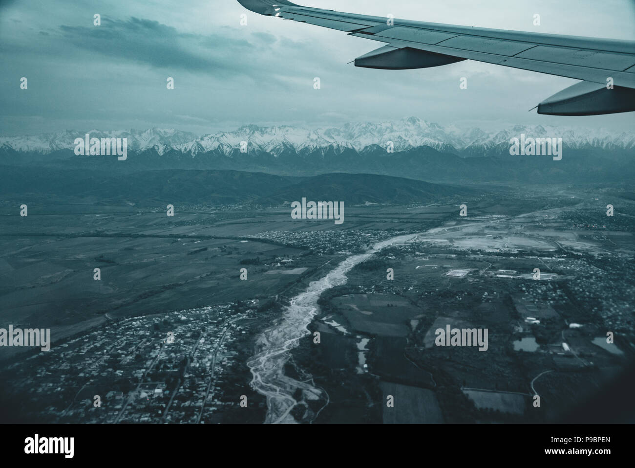 View towards Almaty Kazakhstan landing from plane Stock Photo