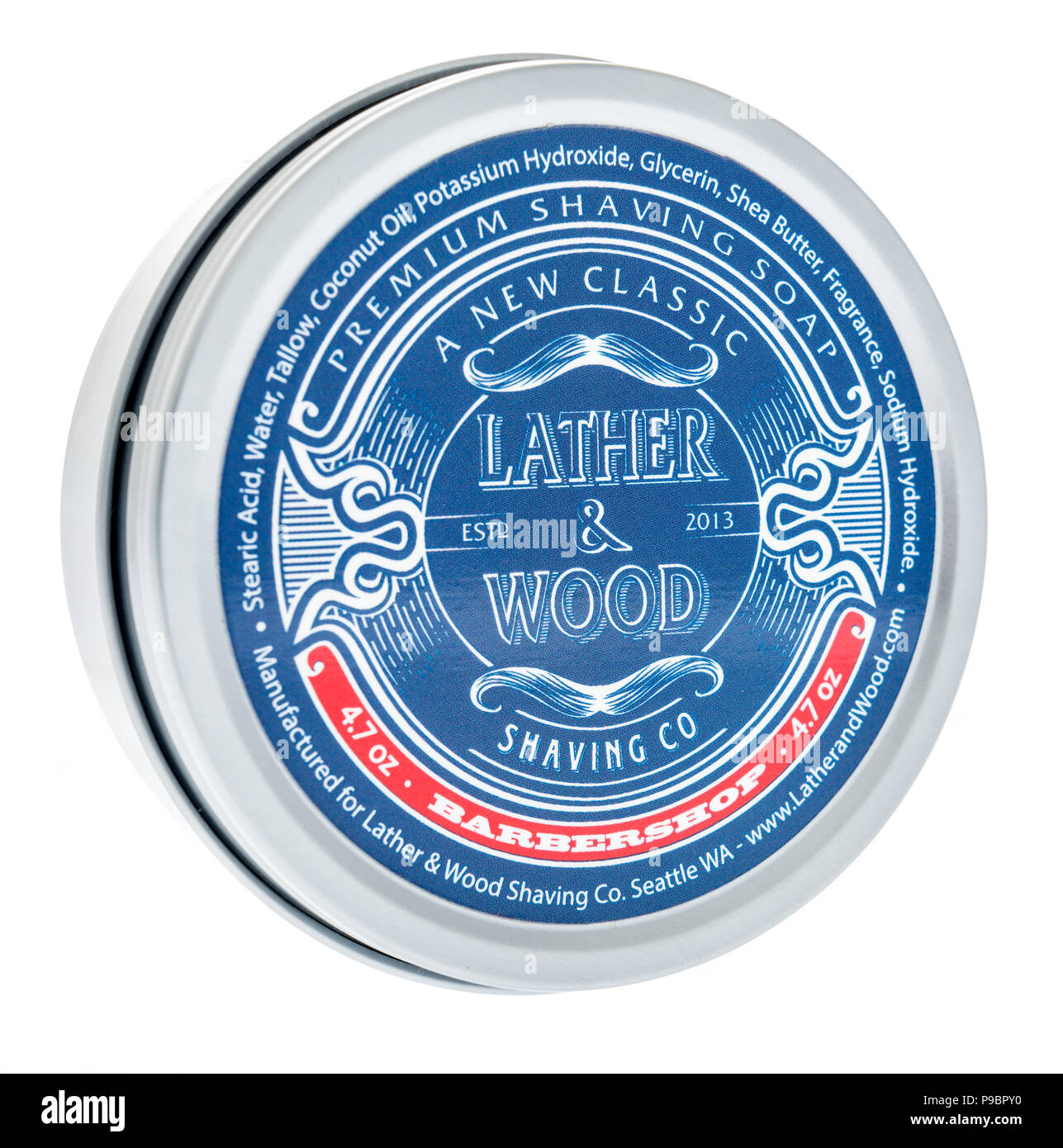 Winneconne, WI - 14 July 2018: A package of Lather and wood shaving soap barbershop on an isolated background. Stock Photo