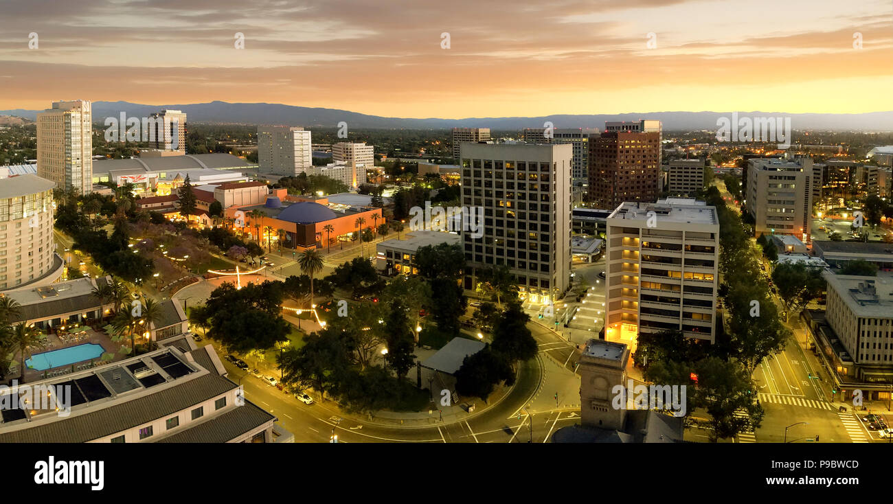 San Jose is considered the capitol of Silicon Valley, a famous high tech center of the world. This panoramic shot shows how San Jose downtown looked l Stock Photo