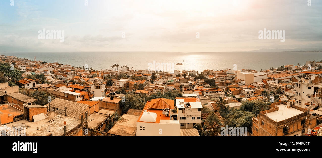 Panorama of Puerto Vallarta, famous resort town on the Pacific coast of Mexico, in the state of Jalisco. The image was taken in July 2018. Stock Photo