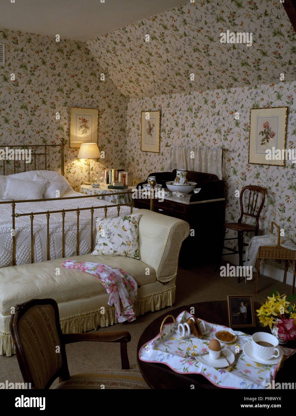 Floral Wallpaper On Walls And Ceiling Of Eighties Attic Bedroom