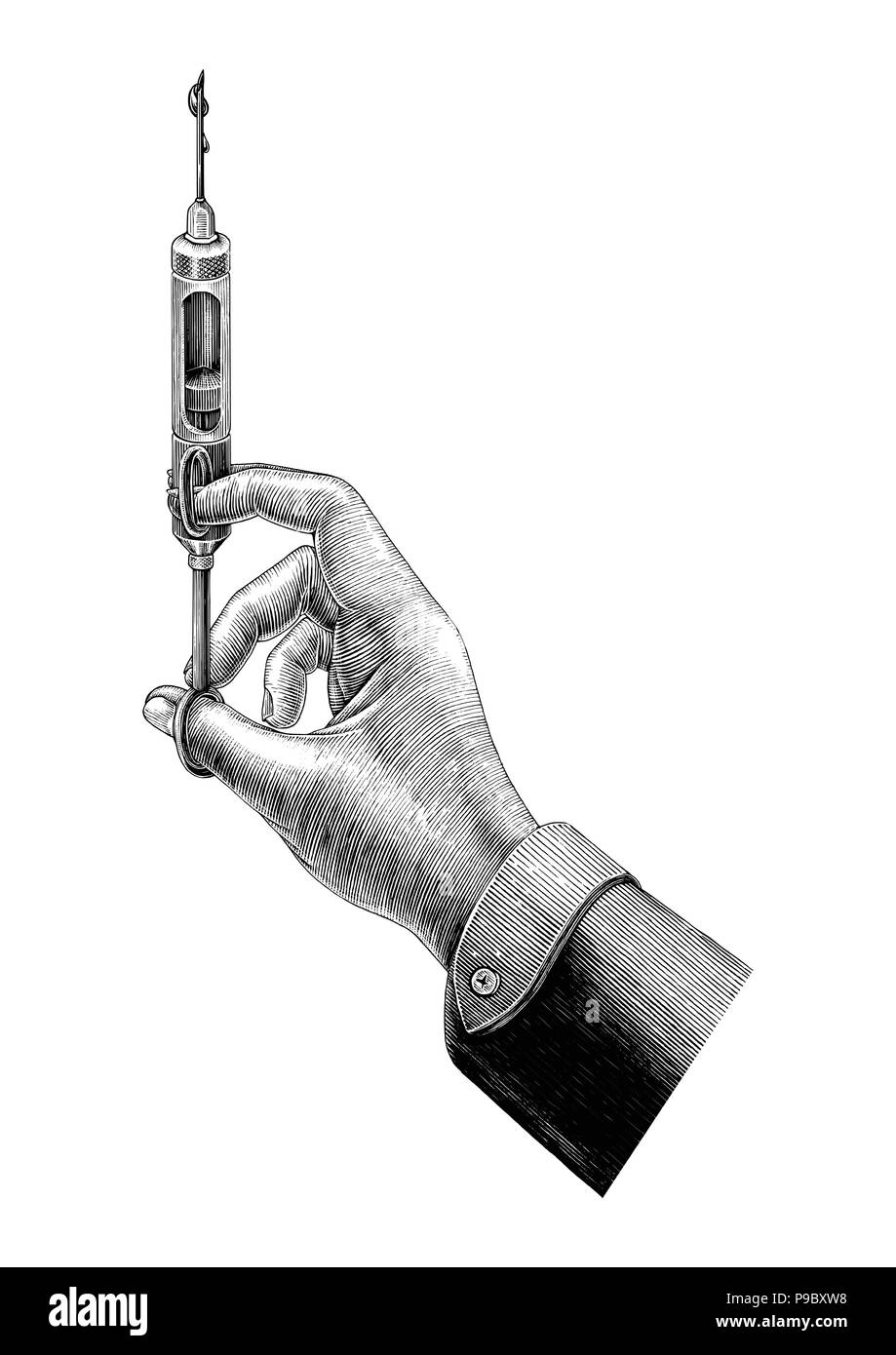 Hand holding medicine syringe vintage clip art isolated on white background Stock Vector