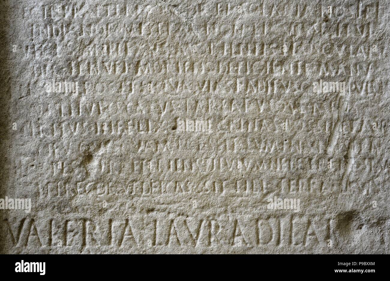 Funerary stele of Caius Aebutius Verecundus. Cenotaph. 1st-2nd century. Sant Miquel de Vinebre Necropolis, Catalonia. Detail: Poetic inscription. National Archaeological Museum, Tarragona. Spain. Stock Photo
