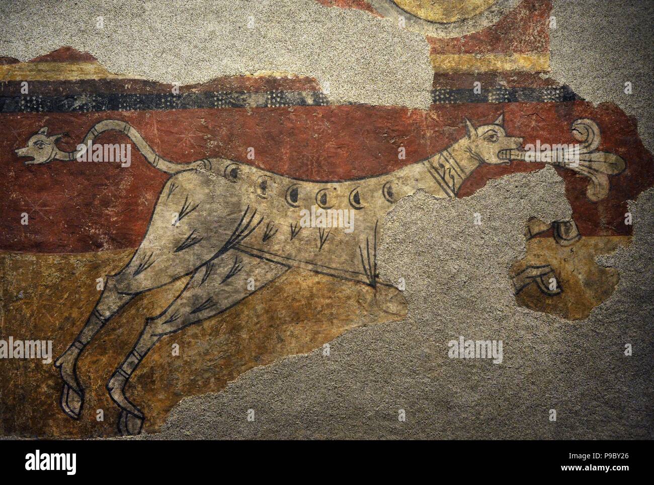 Master of Boi. Quadruped with Fleur-de-lis from Boi. Ca.1100. From the north aisle of the Parish Church of Sant Joan de Boi, Boi Valley. Fresco transferred to canvas. National Art Museum of Catalonia. Barcelona. Catalonia. Spain. Stock Photo