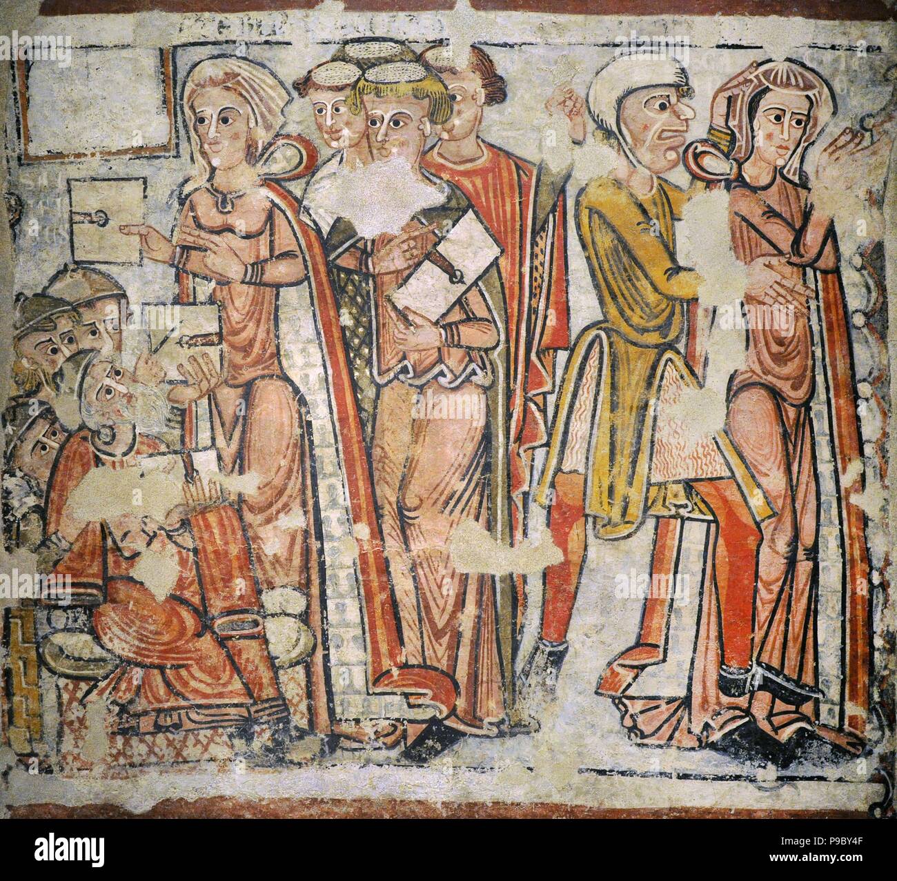 Fragment of fresco depicting the dispute and arrest of Saint Catherine of Alexandria, 1241-1255. Anonymous, Catalonia. From the old chapel of Santa Caterina, La Seu Urgell. National Art Museum of Catalonia. Barcelona. Catalonia. Spain. Stock Photo
