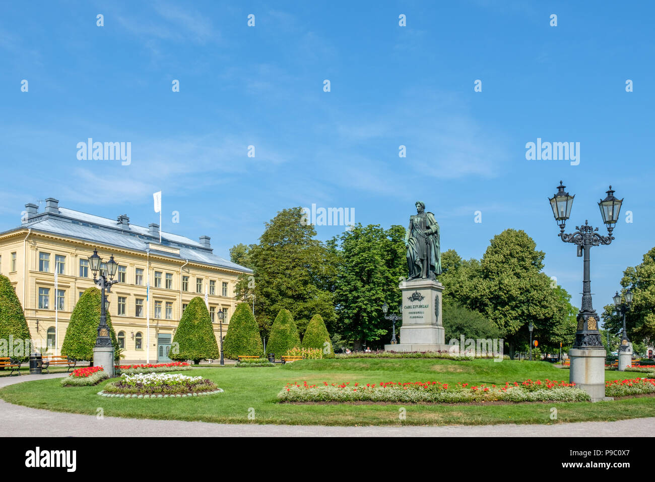Karl Johans park with the statue of king Karl Johan XIV. Karl Johan was the first king of the Bernadotte family. Stock Photo