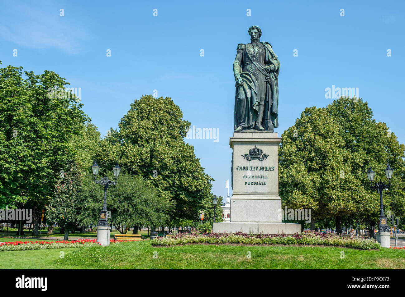 Karl Johans park with the statue of king Karl Johan XIV. Karl Johan was the first king of the Bernadotte family. Stock Photo