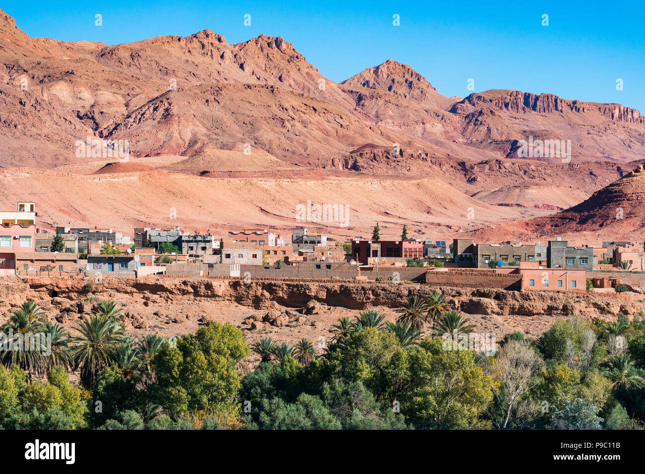 Landscape view of Atlas mountains and oasis around Douar Ait Boujane village in Todra gorge in Tinghir, Morocco Stock Photo