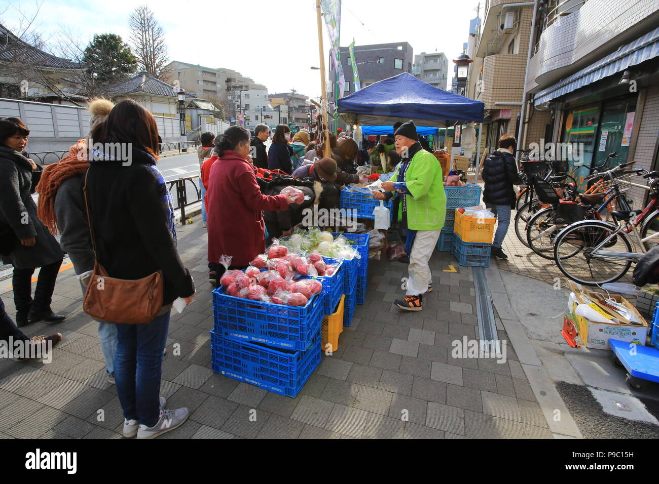 Tokyo/Japan - January 15 2018: people walk in Setagaya Boro-ichi Market in tokyo. Setagaya Boro-ichi is a Tokyo-designated intangible folk cultural as Stock Photo