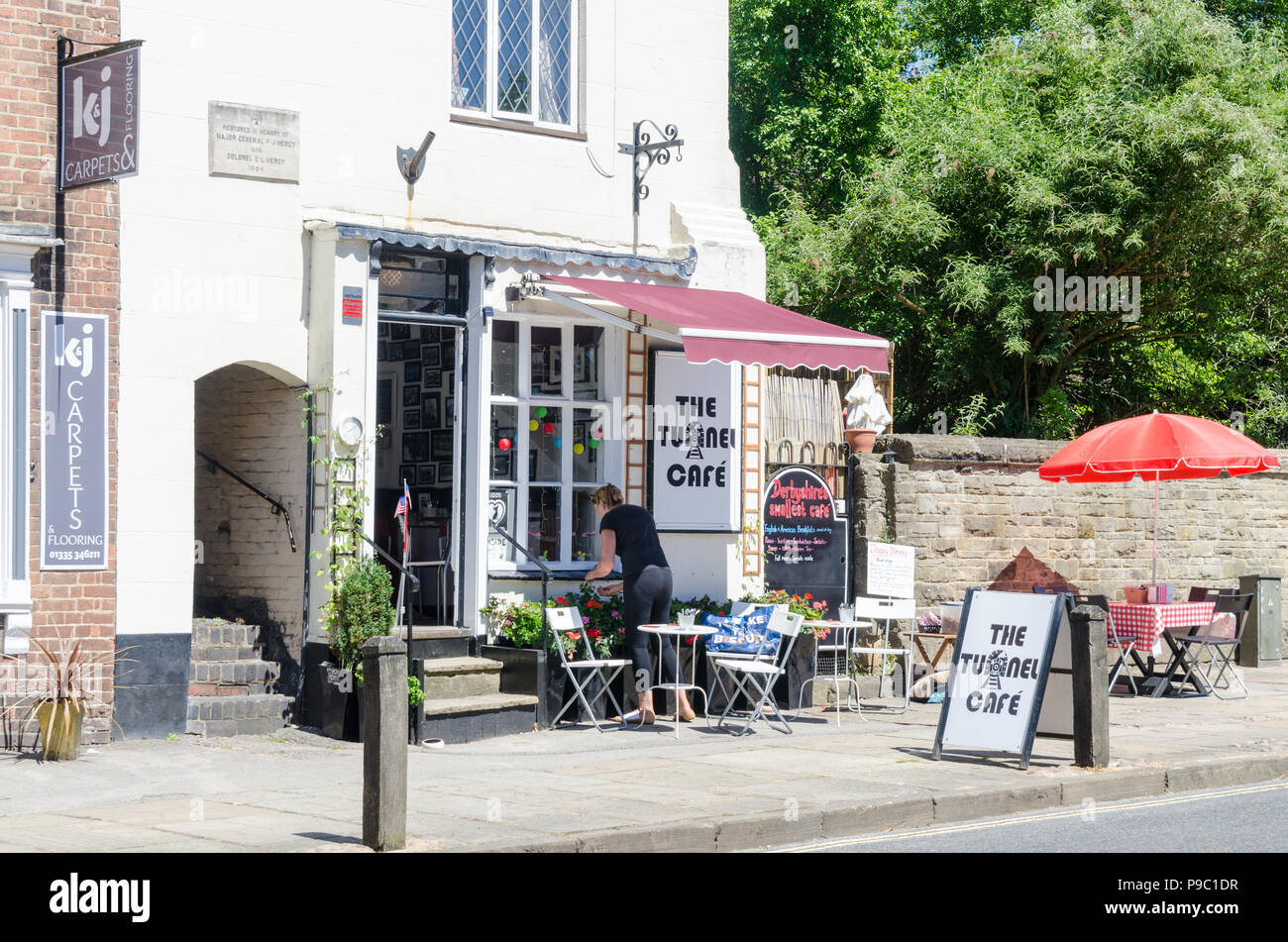 The Tunnel Cafe in Church Street, Ashbourne, Derbyshire is above the start of the Tissington Trail cycle track and walkway which was a railway line Stock Photo