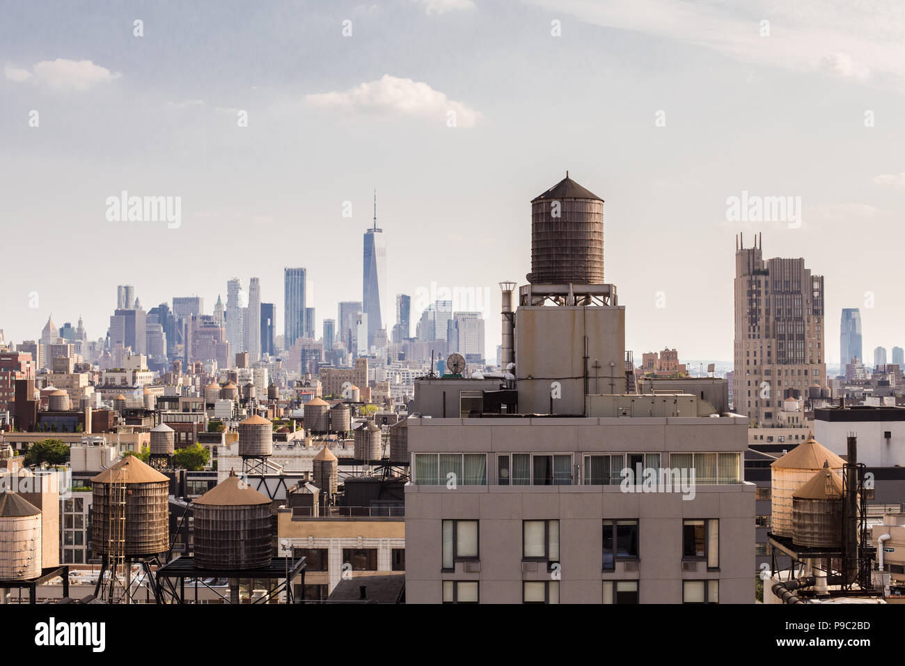 New York City Manhattan cityscape of buildings looking toward downtown financial district Stock Photo