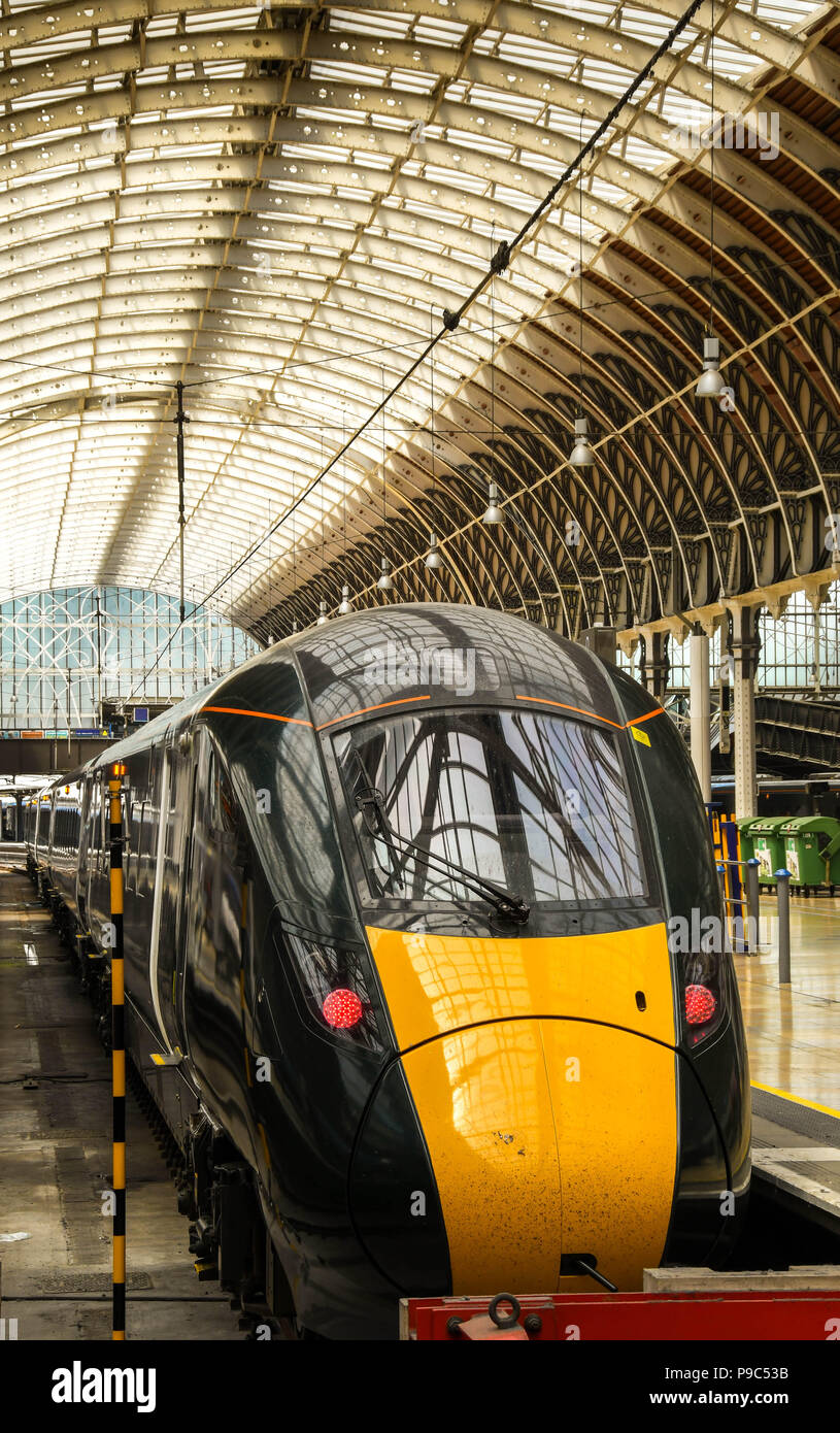 Front of a new Class 800 electro diesel train in London Paddington railway station. It is operated by Great Western Railway and built by Hitachi. Stock Photo