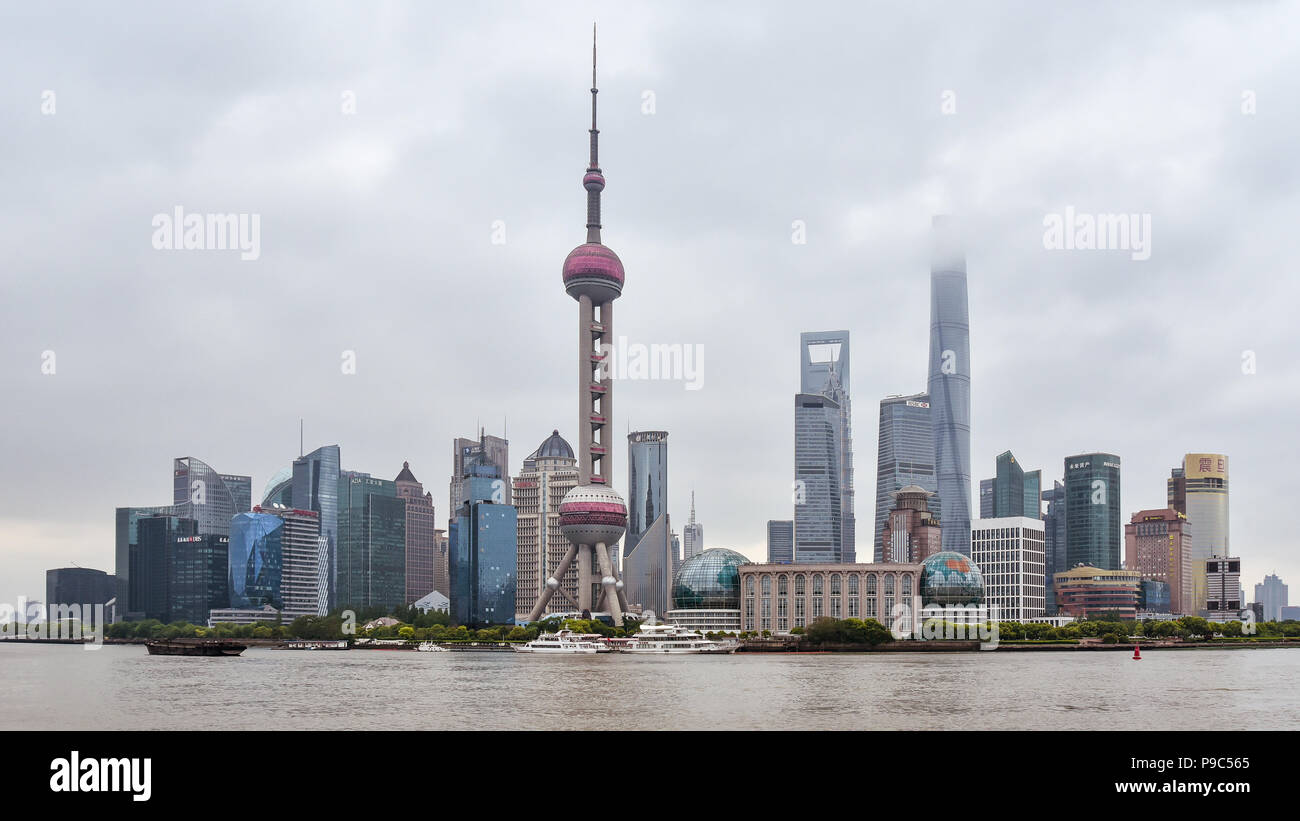 Modern high rises on a cloudy day in the New Pudong district of Shanghai, China. Stock Photo